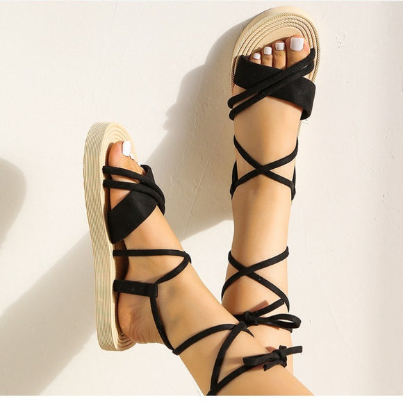 Summer Solid Color Open Toe Strap Fashion Beach Shoes Women's Flats