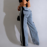 2024 Fashion, Casual High Waist Elastic Straight Leg Trousers, Three Stripe Patchwork Denim Wide Leg Pants Streetwear