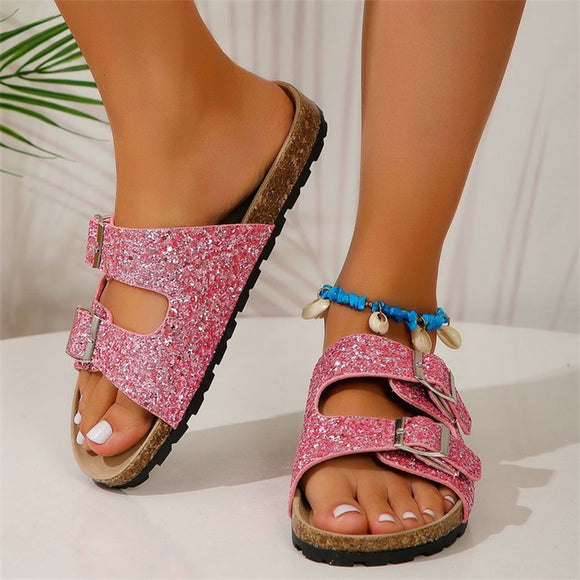 Double Buckle Sandals for Women, New Fashion Sequined Beach Shoes, Summer Leisure Outdoor Slippers Slides