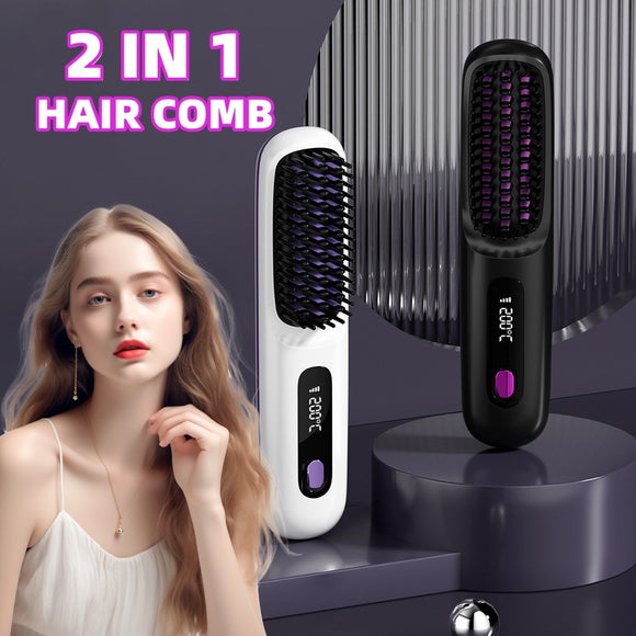 2-in-1 Straight Hair Comb, Wireless Hair Straightener Brush, Fast Heating Portable USB Charging Hot Curler