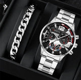 Men's New Popular Steel Strip, Fashion Business Three Eye Quartz Watch Bracelet Set, Valentine's Day Gifts