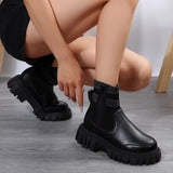 Fashion Mid-tube Boots with Zipper Design, Non-slip Thick Sole Elastic Knitted Patchwork, Women's Round Toe Shoes for Winters