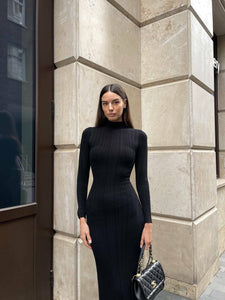 Knitted Turtleneck Tight European, American and French Style Elegant Bottoming Striped Elegant Dress