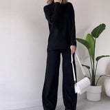 Turtleneck Knitted Suit, Loose Split Design Long-sleeved Top and Straight Trousers, Fashion Casual Solid Set, Women's Clothing