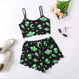 Halloween Pumpkin Print Sleeveless Sling Top Shorts, Home Wear Pajamas