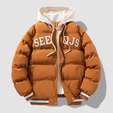 Fashion Letter Hooded Cotton Coat, Winter Warm Solid Zipper Jacket for Men, Teenagers' Clothing