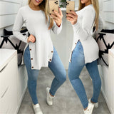 Women's Solid Color Round Neck Loose Sunken Stripe Slit Long-sleeved T-shirt