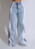 2024 Fashion, Casual High Waist Elastic Straight Leg Trousers, Three Stripe Patchwork Denim Wide Leg Pants Streetwear