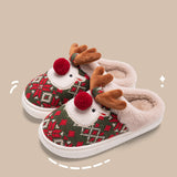 Cute Christmas Elk Plush Slippers, Winter INS Fashion Non-slip Floor Bedroom Home Slippers for Women, Fuzzy House Shoes