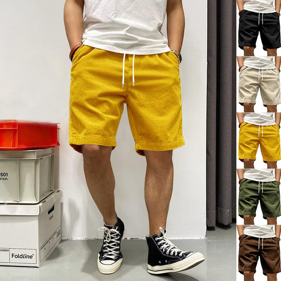 Men's Cargo Shorts, Summer Vintage Corduroy Drawstring Pants with Pockets
