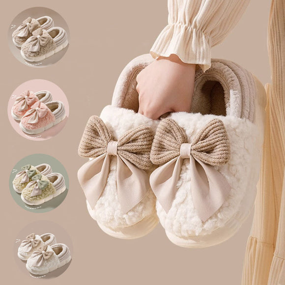 Big Bow-knot Fluffy Winter Warm Covered Heel Cotton Thick-soled Platform Slippers, Indoor and Outdoor Garden Walking Shoes