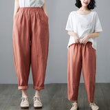 Cropped Cotton Linen Pants, Loose Harem Literary Casual Summer Trousers