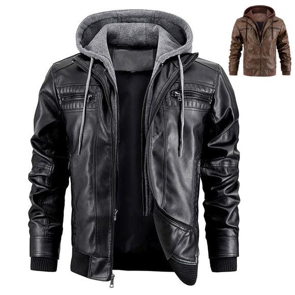 Hooded Jacket with Zipper Pockets, Fashion Warm PU Leather Coat, Men's Clothing