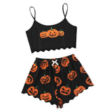 Halloween Pumpkin Print Sleeveless Sling Top Shorts, Home Wear Pajamas