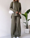 Turtleneck Knitted Suit, Loose Split Design Long-sleeved Top and Straight Trousers, Fashion Casual Solid Set, Women's Clothing