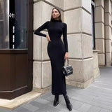 Knitted Turtleneck Tight European, American and French Style Elegant Bottoming Striped Elegant Dress