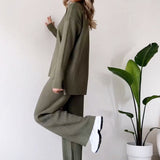 Turtleneck Knitted Suit, Loose Split Design Long-sleeved Top and Straight Trousers, Fashion Casual Solid Set, Women's Clothing