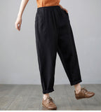 Cropped Cotton Linen Pants, Loose Harem Literary Casual Summer Trousers