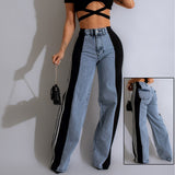 2024 Fashion, Casual High Waist Elastic Straight Leg Trousers, Three Stripe Patchwork Denim Wide Leg Pants Streetwear