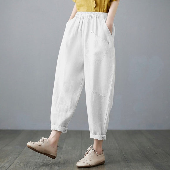 Cropped Cotton Linen Pants, Loose Harem Literary Casual Summer Trousers