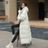 Women's Super Long Down Jacket, Winter Puffer Thick Coat, Black Red Hooded Zippered Warm Fall Winter Casual Clothes