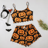 Halloween Pumpkin Print Sleeveless Sling Top Shorts, Home Wear Pajamas