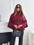 New Stand Collar Batwing Sleeves Cloak Top with Belt, INS Fashion Temperament Jacket, Woolen Sweater Outwear, Women's Clothing