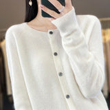 Fashion Merino Wool Cardigan Sweater, Women's O-neck Long-sleeve Cashmere Knitwear, Spring Autumn Female Clothing Tops