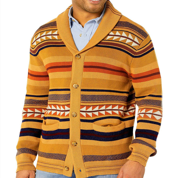 Contrasting Color, Jacquard Knitted Cardigan Coat for Men