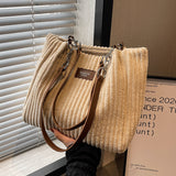 Retro Large Capacity Shoulder Bag, Casual Simple Portable Shopper Tote Bag, Corduroy Solid Commuter Zipper Women's Handbag