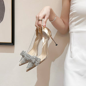 Spring and Autumn Crystal Transparent High Heels, Stiletto Pointed Rhinestones Bow Bridal Wedding Shoes